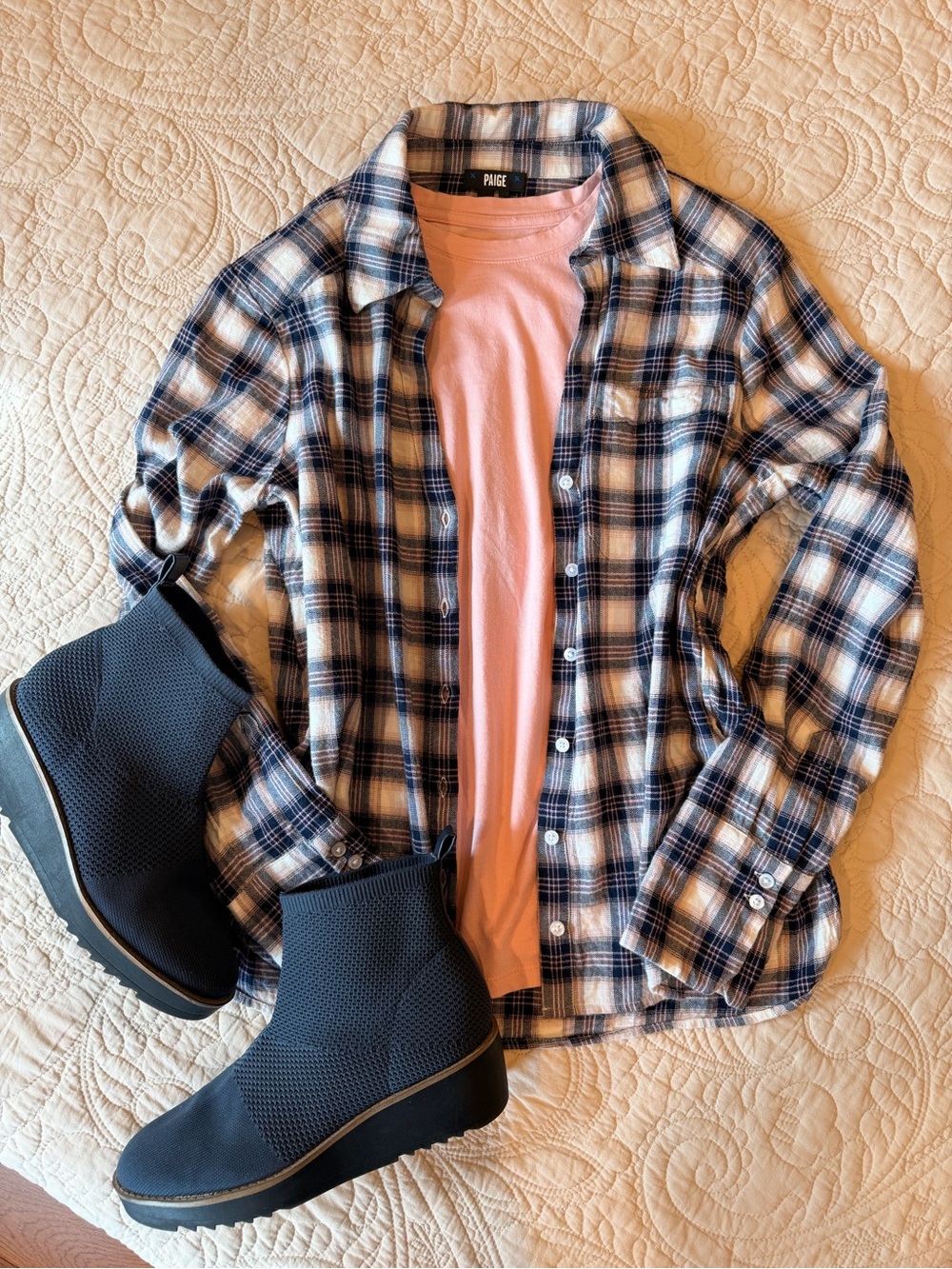 PAIGE Flannel Soft Navy Plaid Shirt Fall Classic Layering